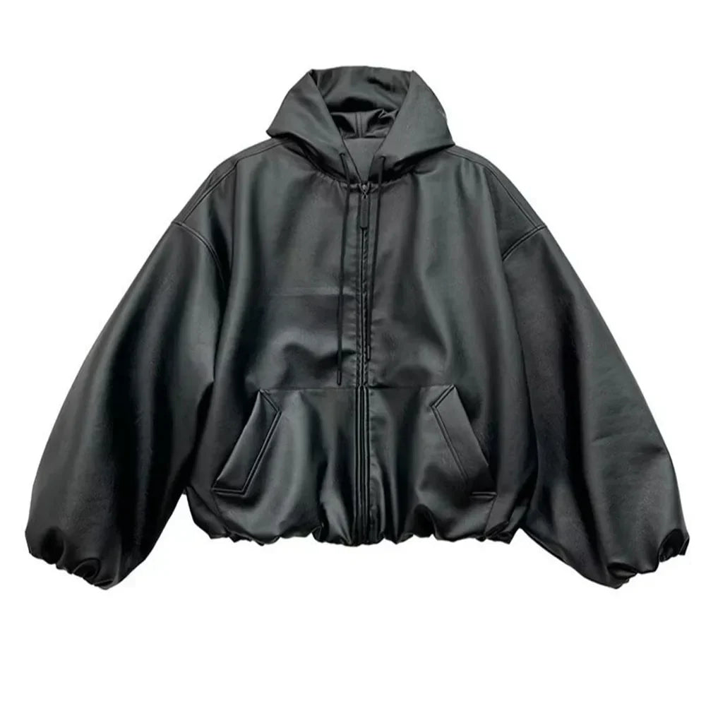 Leather zip-up hoodie